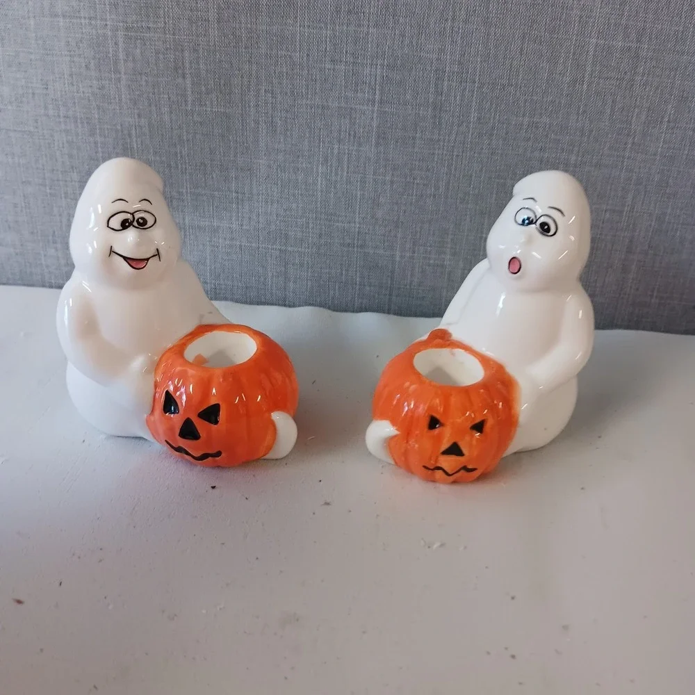 Vintage Halloween Ceramic Ghost Pumpkin Taper Candle Holders Set of 2 Decor